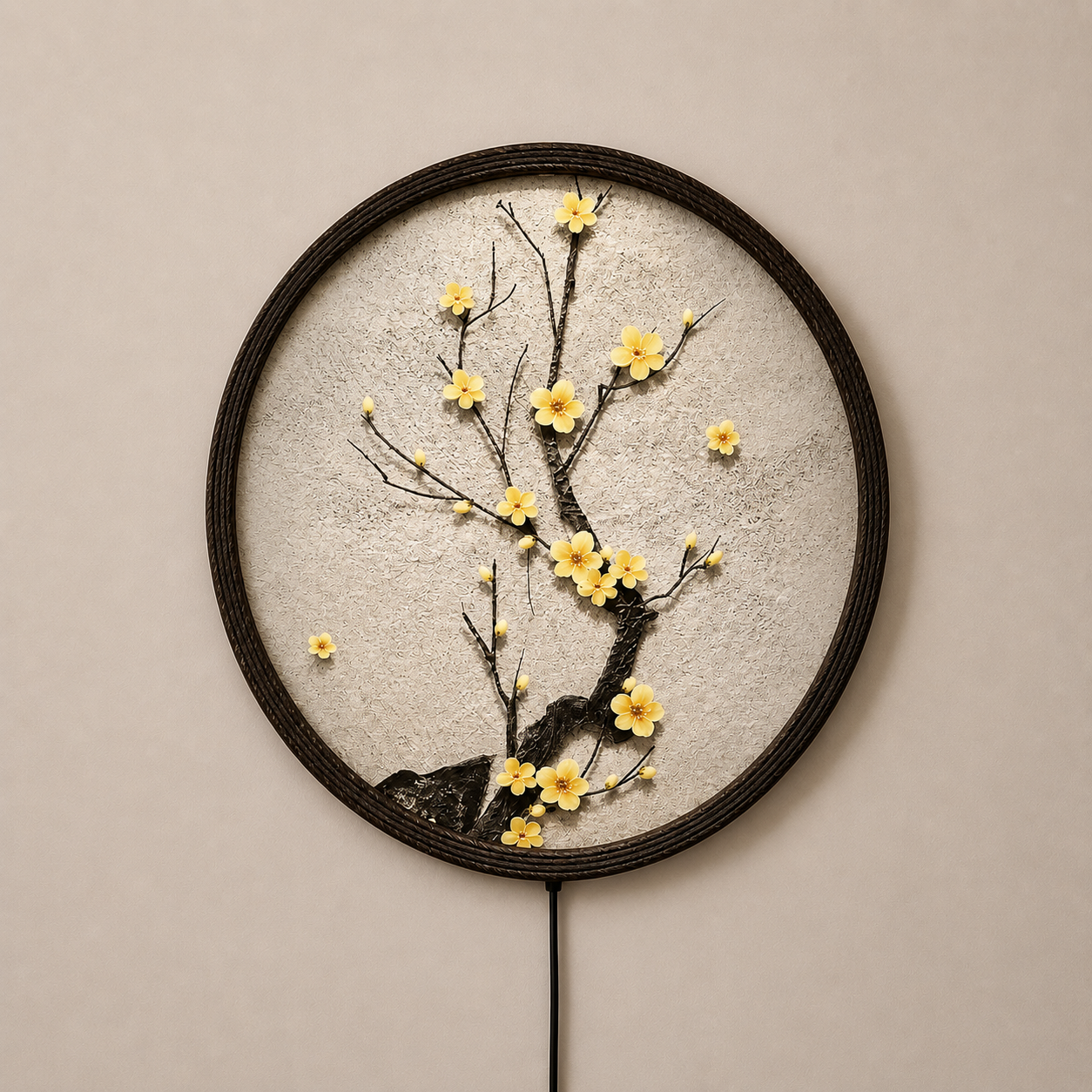 Japanese Plum Blossom LED Wall Art – Round Illuminated Floral Wall Decor – Modern Zen Home Decor – Lighted Circle Wall Hanging
