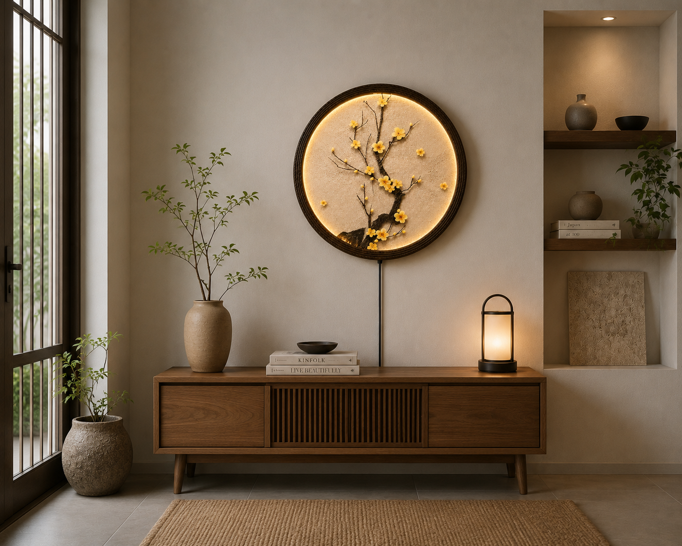 Japanese Plum Blossom LED Wall Art – Round Illuminated Floral Wall Decor – Modern Zen Home Decor – Lighted Circle Wall Hanging