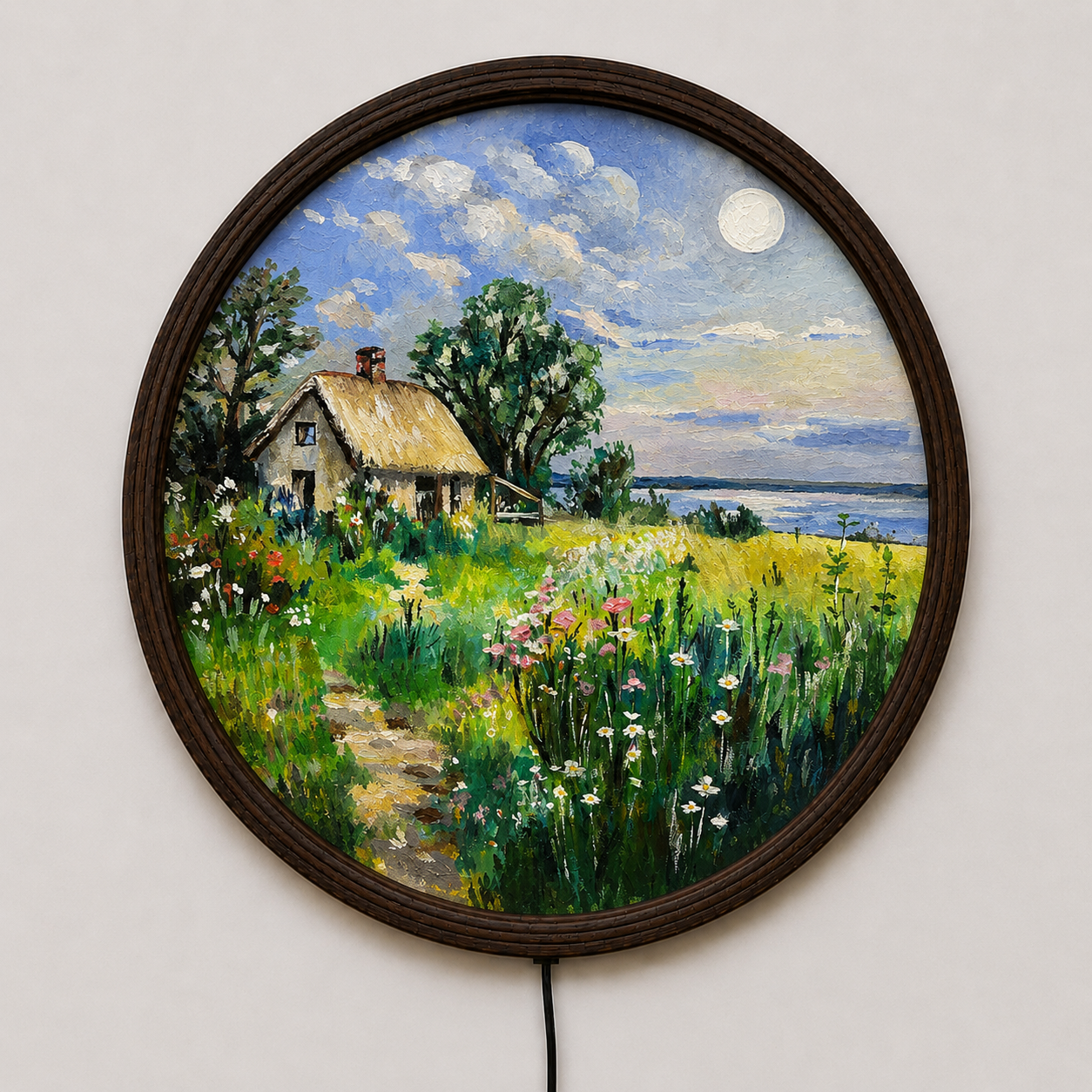 Round LED Cottage Landscape Wall Art – Rustic Nature Home Decor
