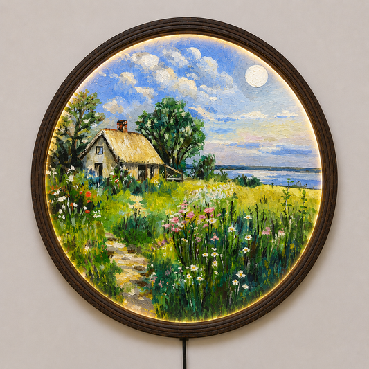 Round LED Cottage Landscape Wall Art – Rustic Nature Home Decor