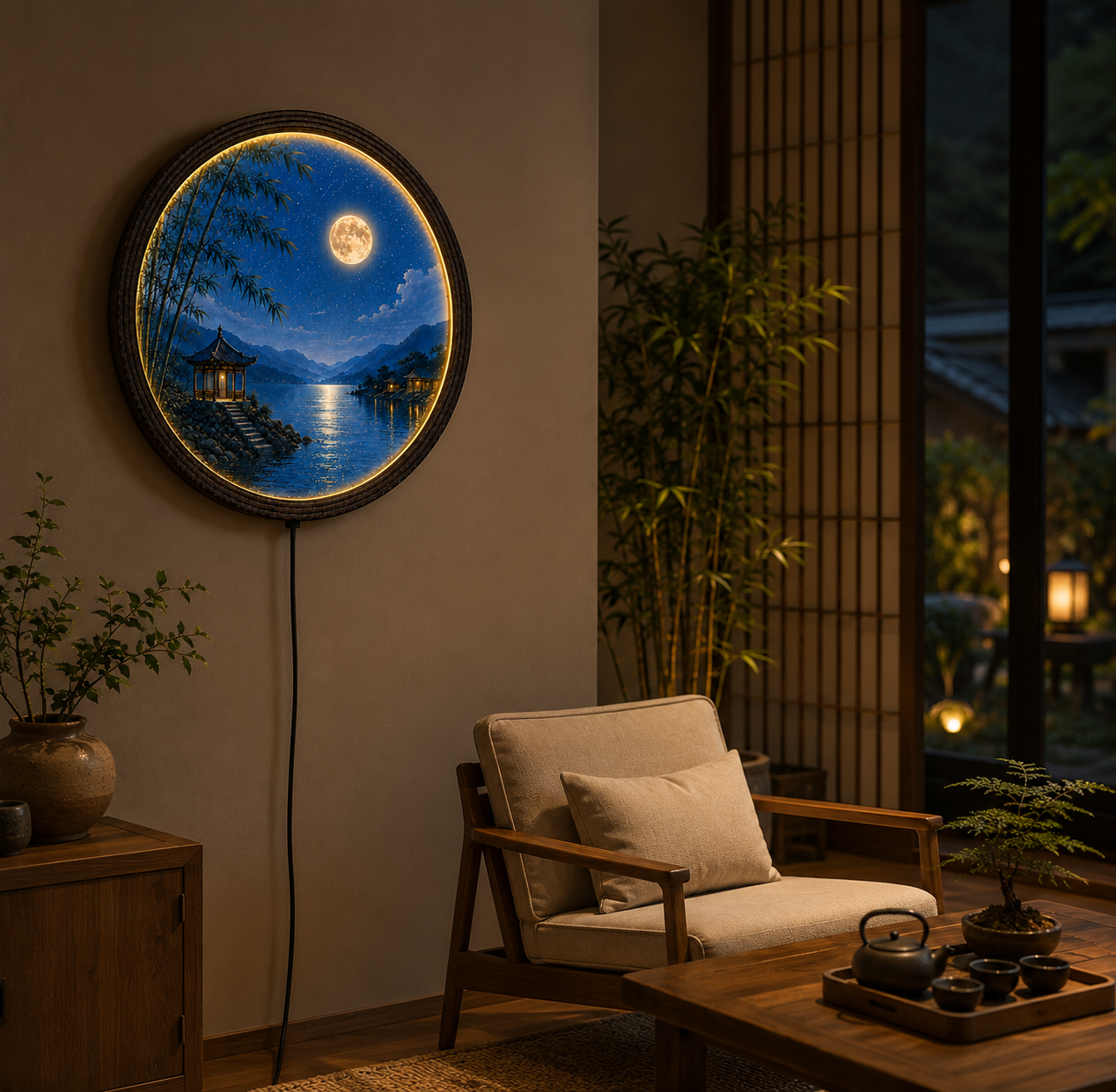 Round LED Moon Wall Art – Oriental Lake Landscape Lighted Wall Decor with Bamboo & Pavilion