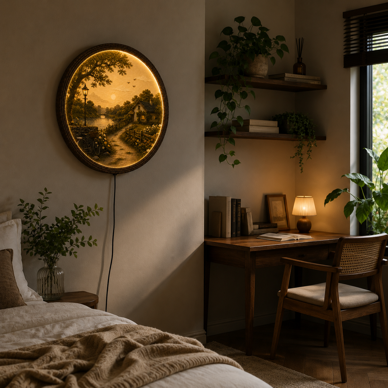 Rustic Countryside LED Round Wall Art – Vintage Cottage Landscape Lighted Wall Decor, Farmhouse Home Decor, Rustic Cabin Wall Hanging