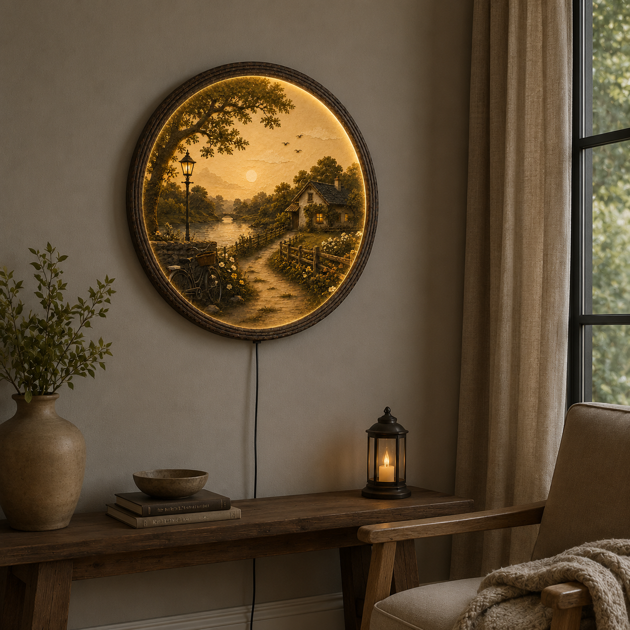Rustic Countryside LED Round Wall Art – Vintage Cottage Landscape Lighted Wall Decor, Farmhouse Home Decor, Rustic Cabin Wall Hanging