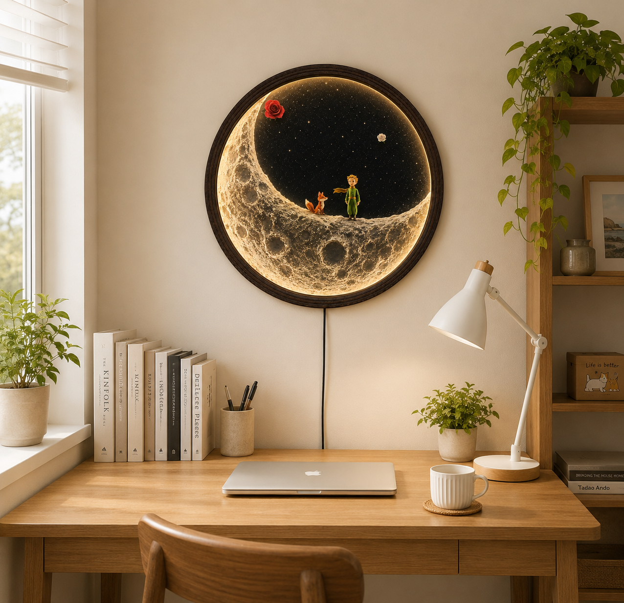 Little Prince Moon LED Wall Art – Round Wooden Frame Lighted Home Decor