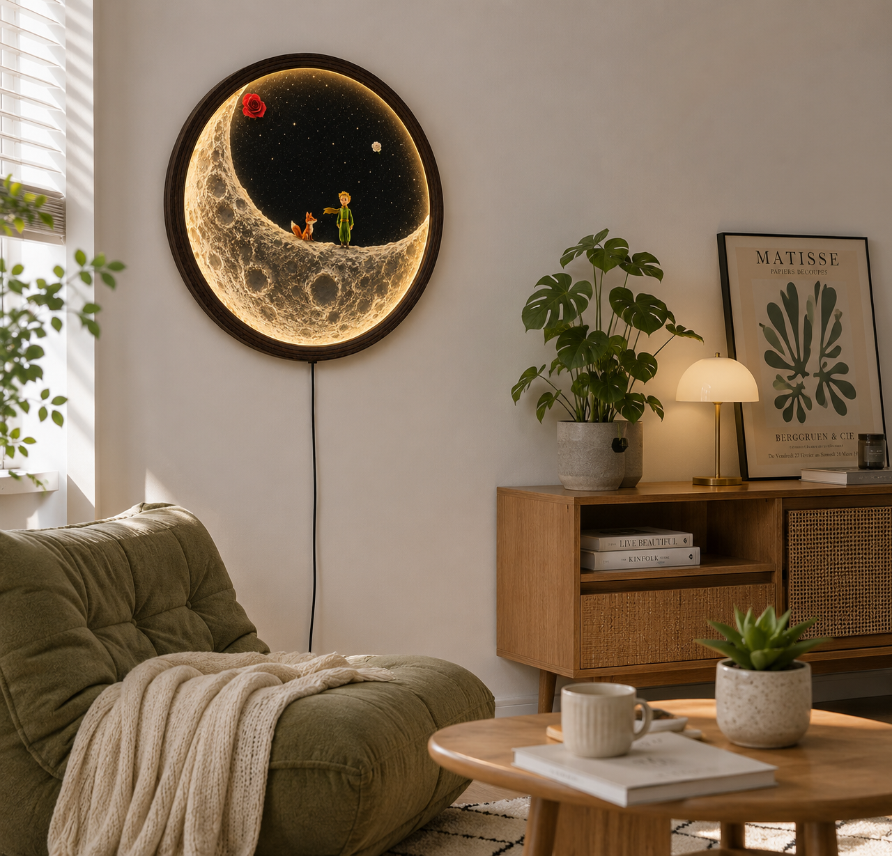 Little Prince Moon LED Wall Art – Round Wooden Frame Lighted Home Decor