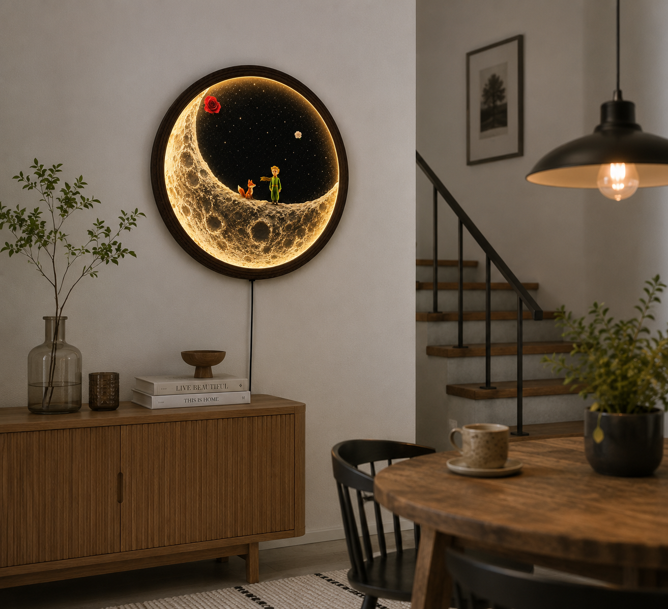 Little Prince Moon LED Wall Art – Round Wooden Frame Lighted Home Decor