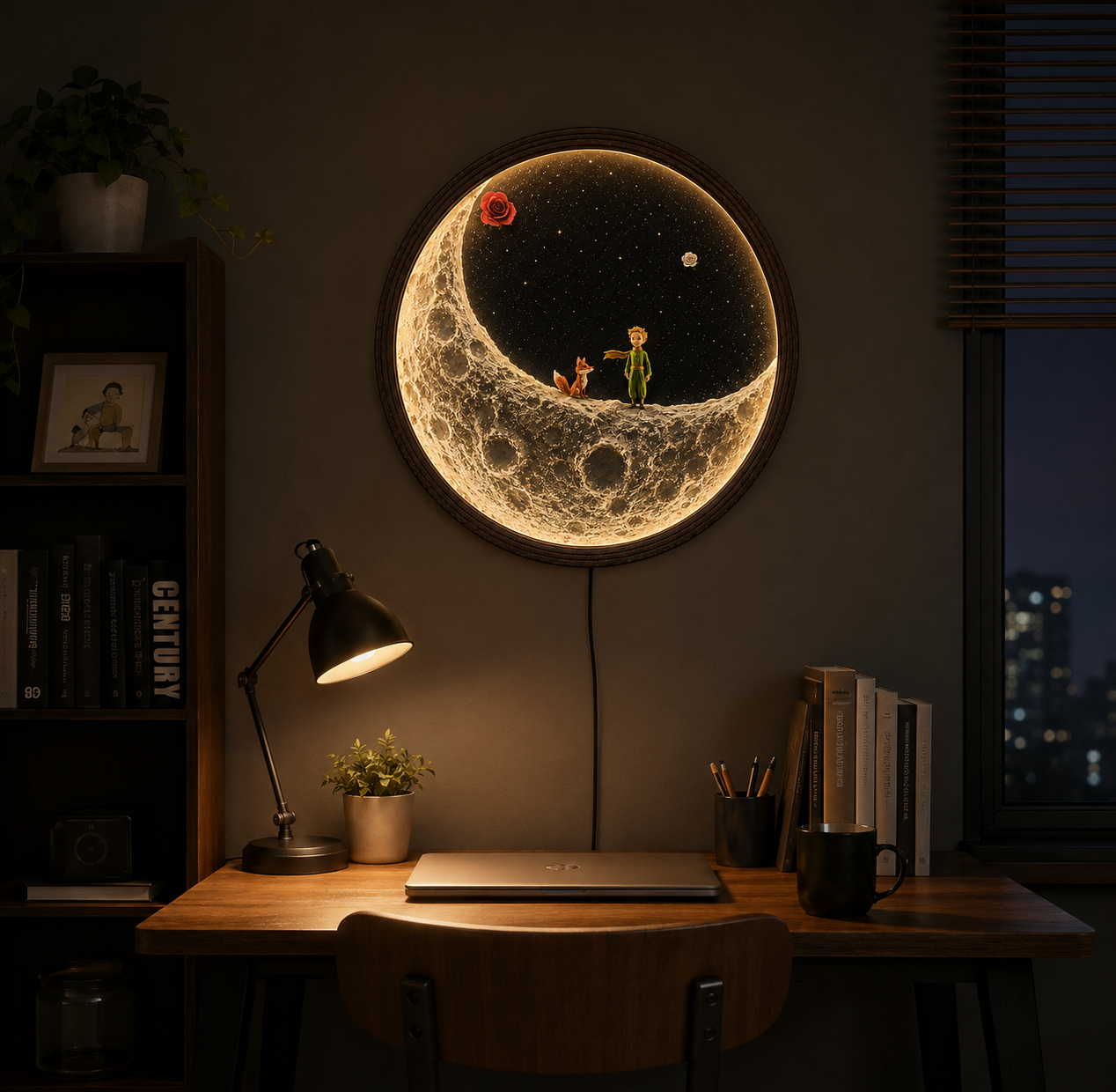 Little Prince Moon LED Wall Art – Round Wooden Frame Lighted Home Decor