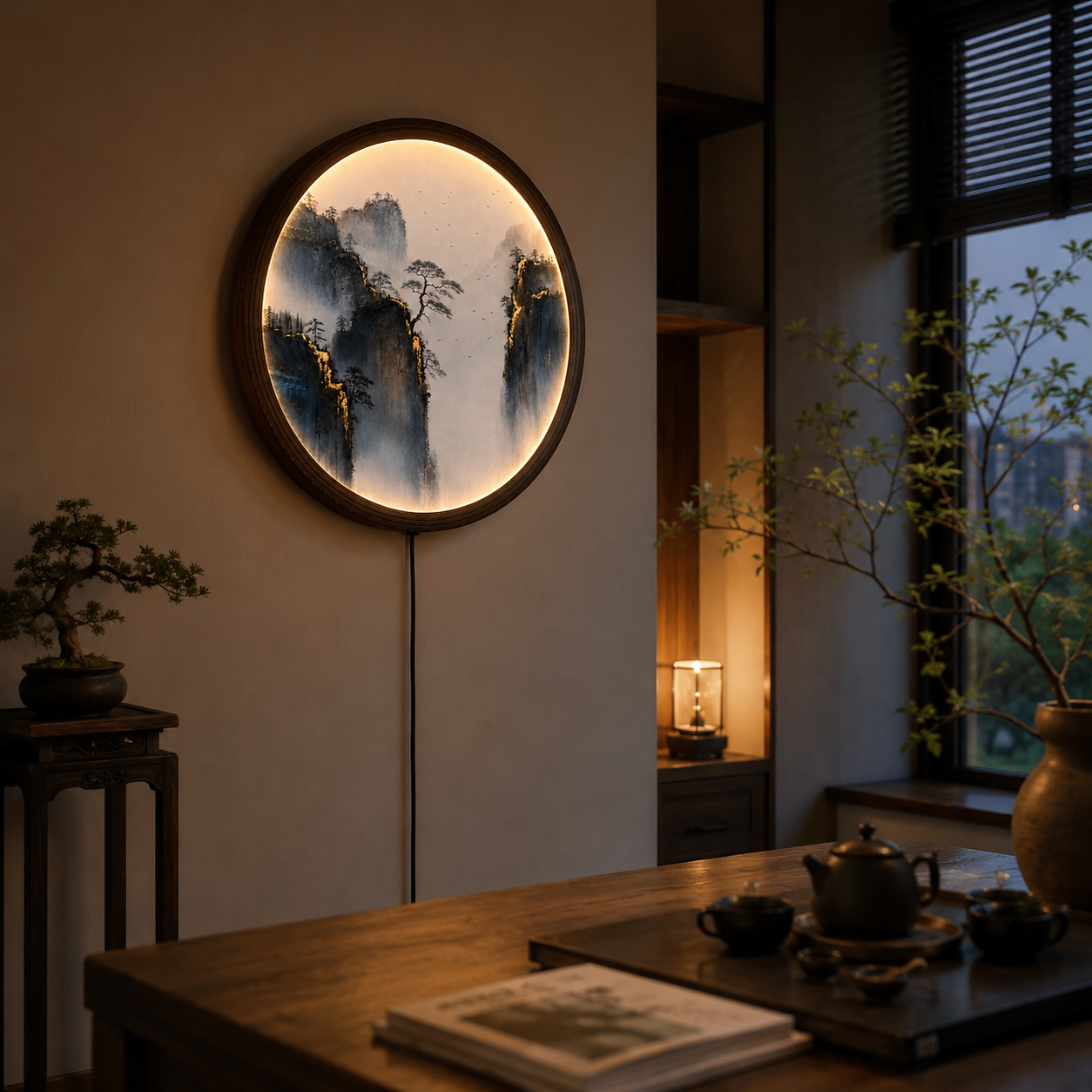 Round LED Mountain Landscape Wall Art – Chinese Ink Painting Lighted Wall Decor for Living Room