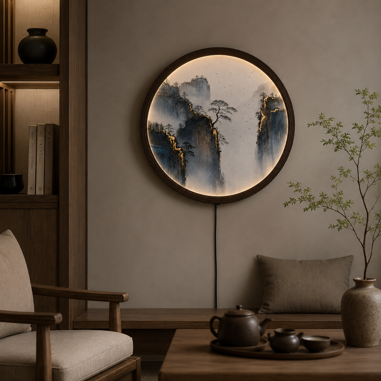 Round LED Mountain Landscape Wall Art – Chinese Ink Painting Lighted Wall Decor for Living Room