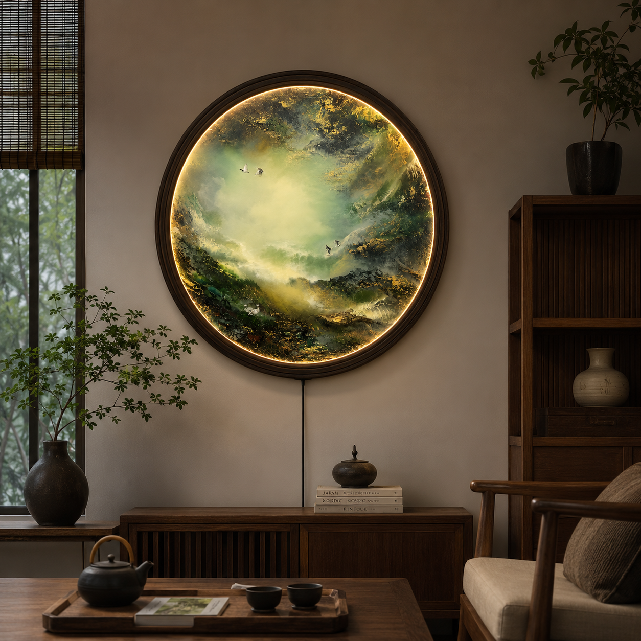 Round LED Landscape Wall Art – Japanese Nature Wall Decor with Warm Light & Wooden Frame