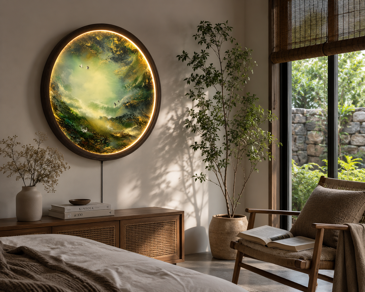 Round LED Landscape Wall Art – Japanese Nature Wall Decor with Warm Light & Wooden Frame