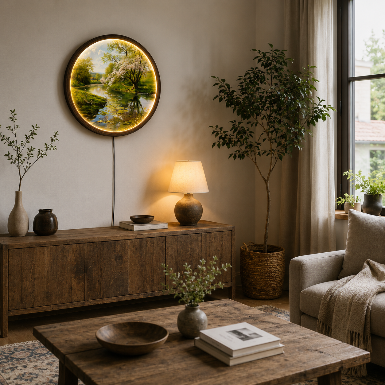 Round LED Spring Landscape Wall Art – Cherry Blossom River Lighted Wall Decor for Living Room