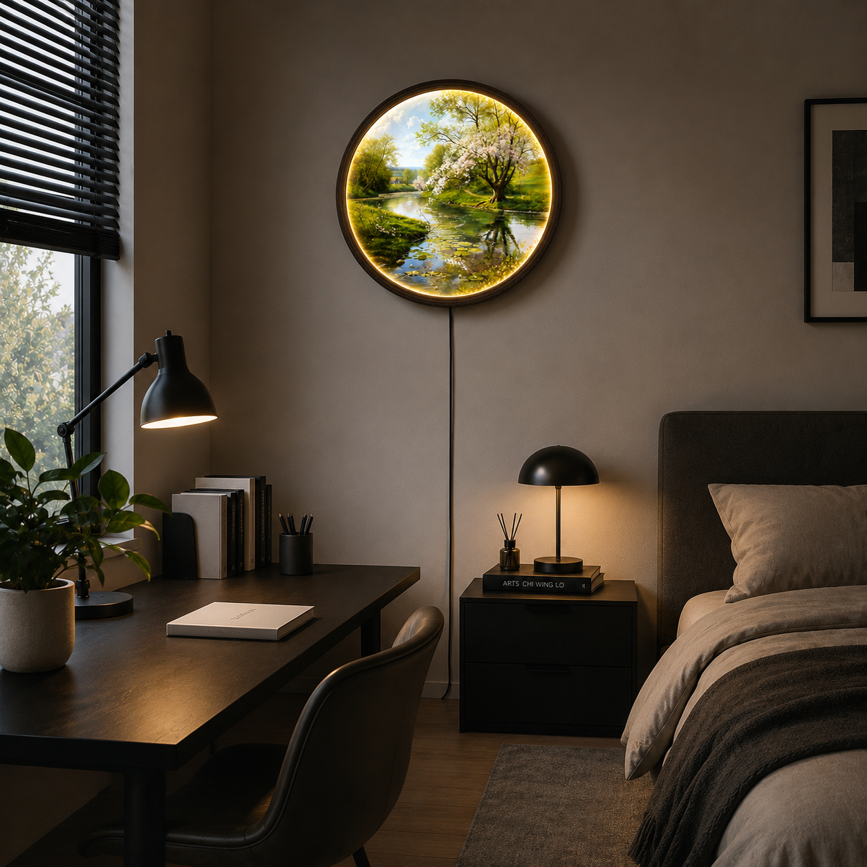 Round LED Spring Landscape Wall Art – Cherry Blossom River Lighted Wall Decor for Living Room