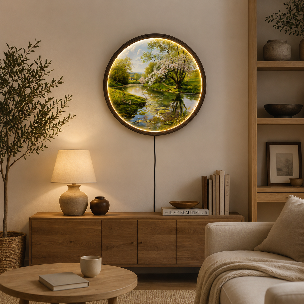 Round LED Spring Landscape Wall Art – Cherry Blossom River Lighted Wall Decor for Living Room