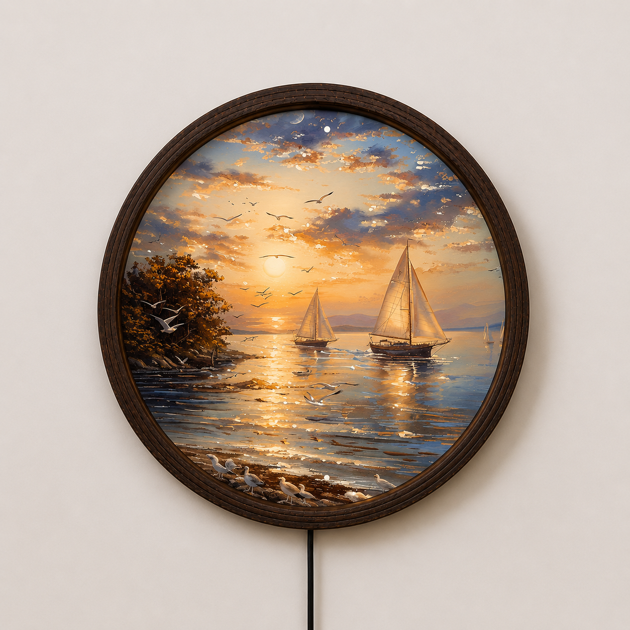 Round Sunset Sailboat LED Wall Decor – Coastal Ocean Landscape Lighted Wall Art with Wooden Frame