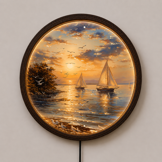 Round Sunset Sailboat LED Wall Decor – Coastal Ocean Landscape Lighted Wall Art with Wooden Frame
