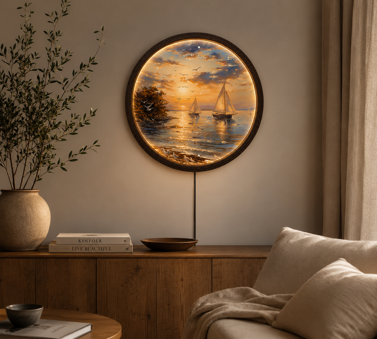 Round Sunset Sailboat LED Wall Decor – Coastal Ocean Landscape Lighted Wall Art with Wooden Frame