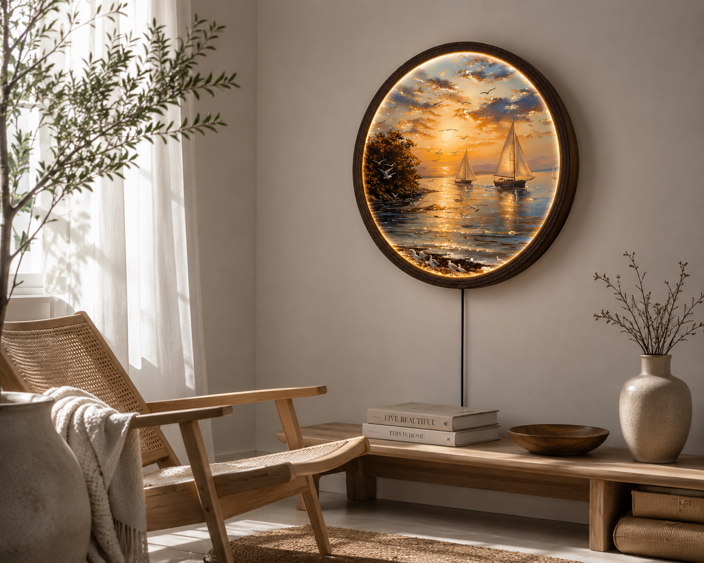Round Sunset Sailboat LED Wall Decor – Coastal Ocean Landscape Lighted Wall Art with Wooden Frame