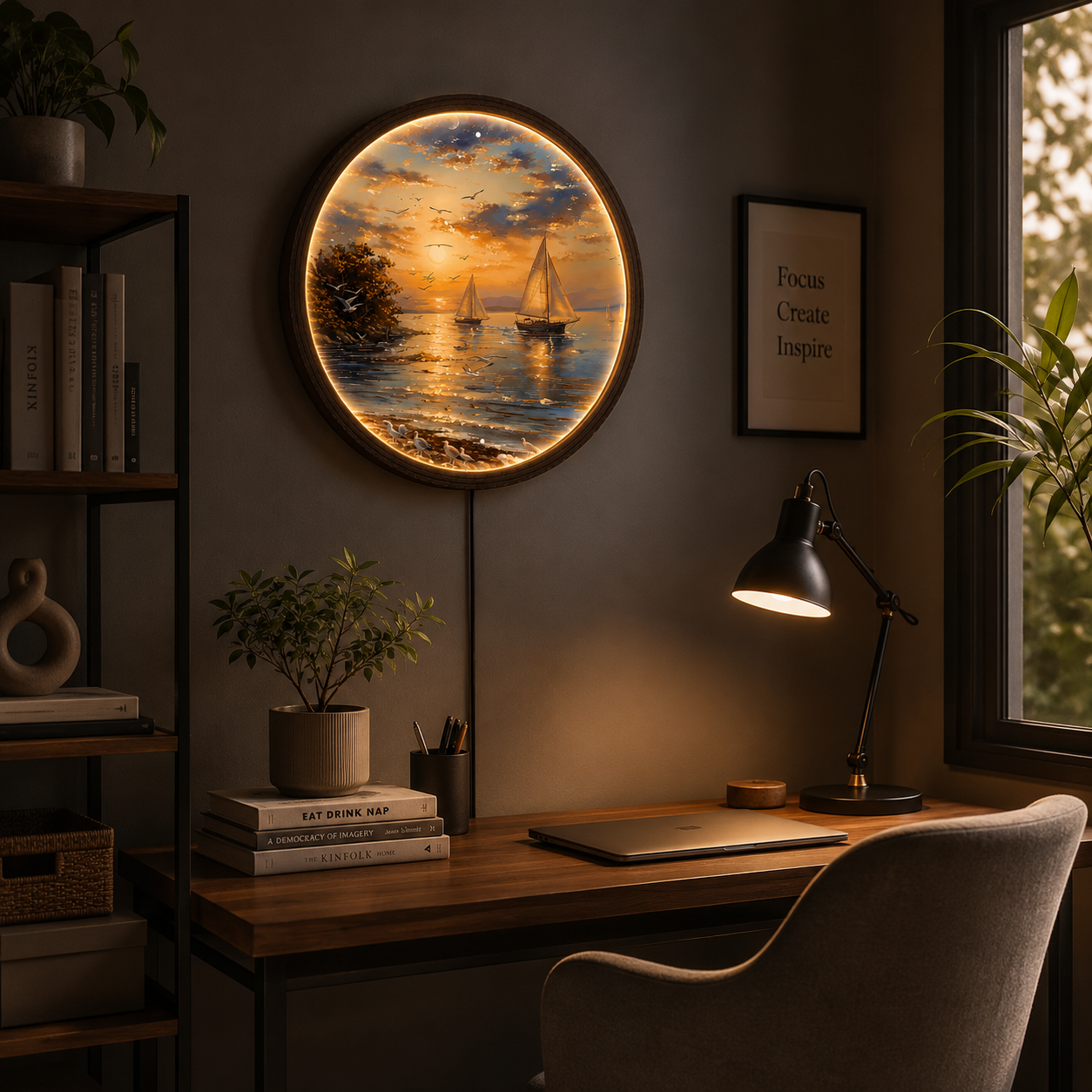 Round Sunset Sailboat LED Wall Decor – Coastal Ocean Landscape Lighted Wall Art with Wooden Frame