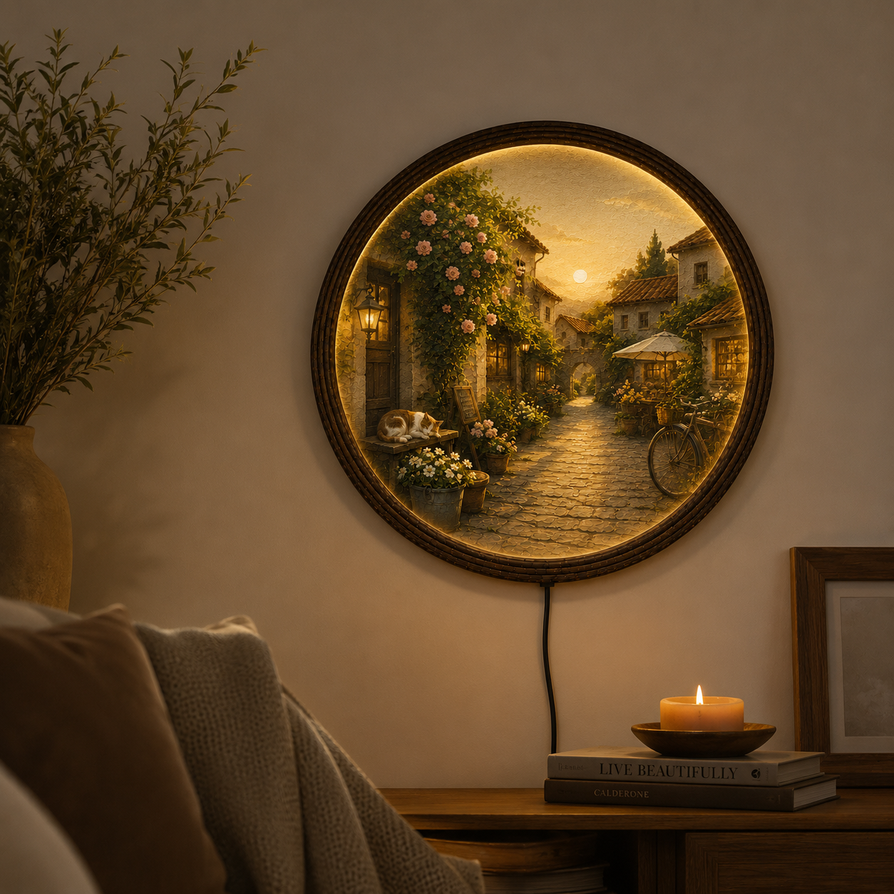 Round LED Wall Art – Cozy European Village Sunset Scene | Modern Home Decor