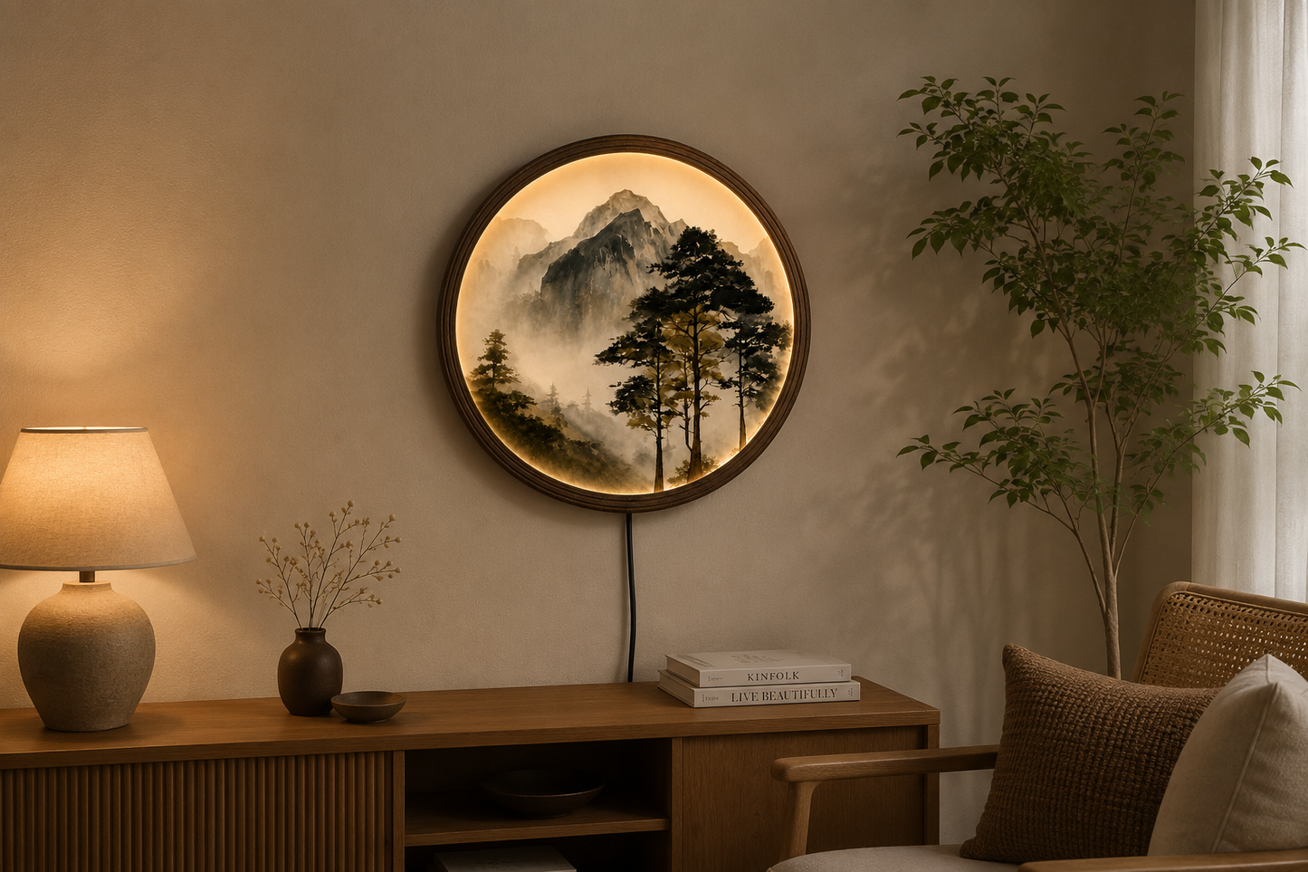 LED Mountain Wall Art – Round Wooden Frame, Japanese Landscape Home Decor