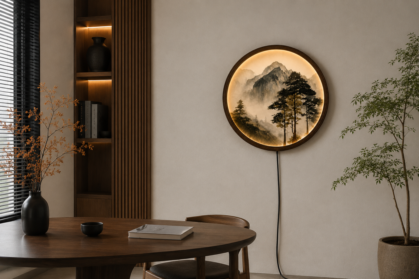 LED Mountain Wall Art – Round Wooden Frame, Japanese Landscape Home Decor
