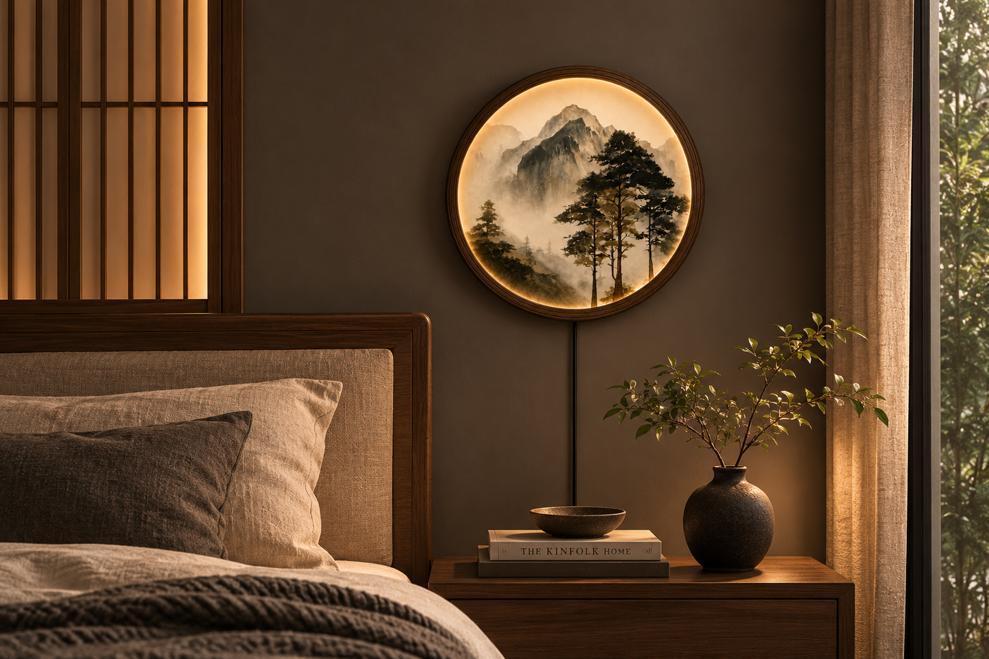 LED Mountain Wall Art – Round Wooden Frame, Japanese Landscape Home Decor