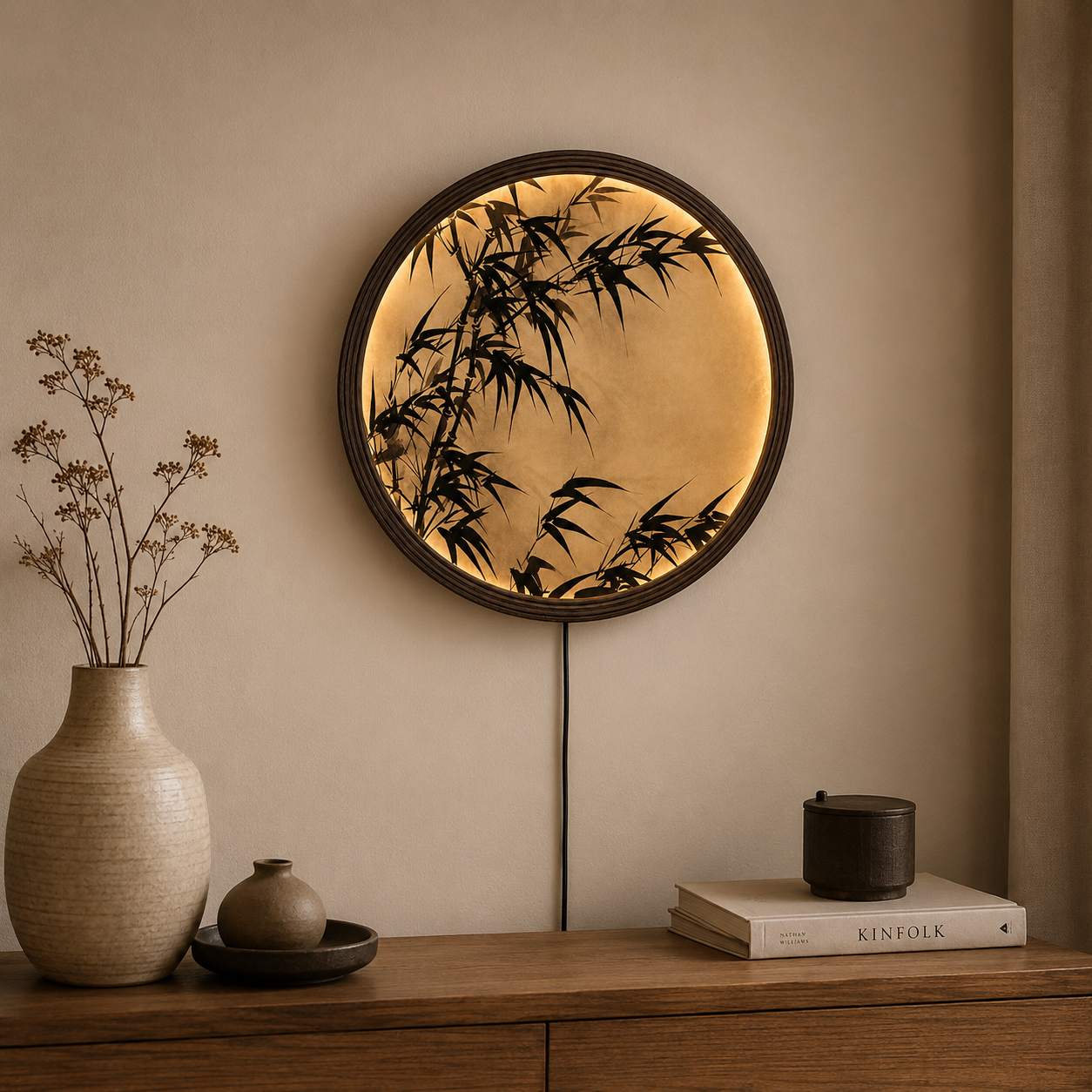 Round Bamboo LED Wall Art – Japanese Zen Illuminated Wall Decor with Warm Light, Modern Asian Home Decor
