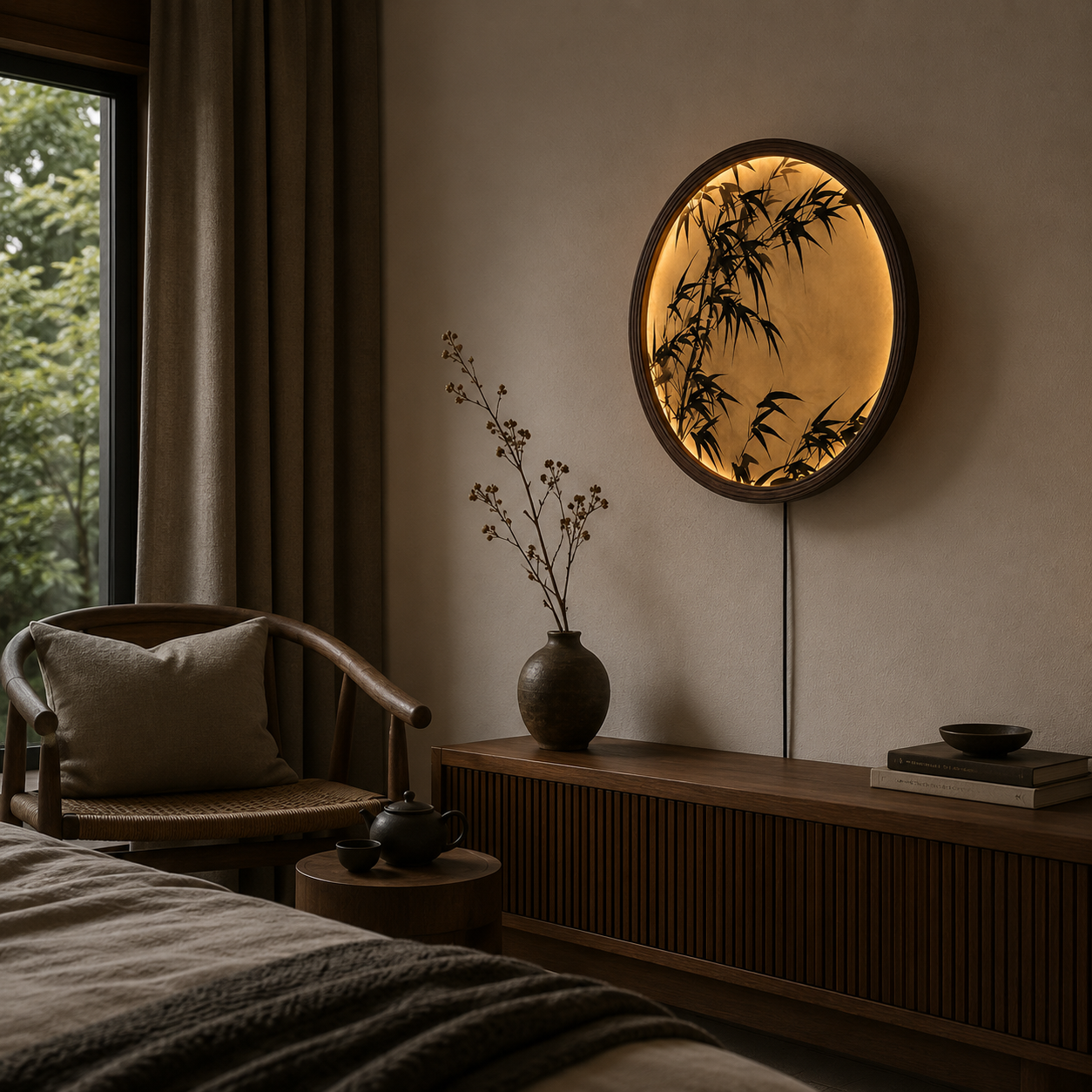 Round Bamboo LED Wall Art – Japanese Zen Illuminated Wall Decor with Warm Light, Modern Asian Home Decor