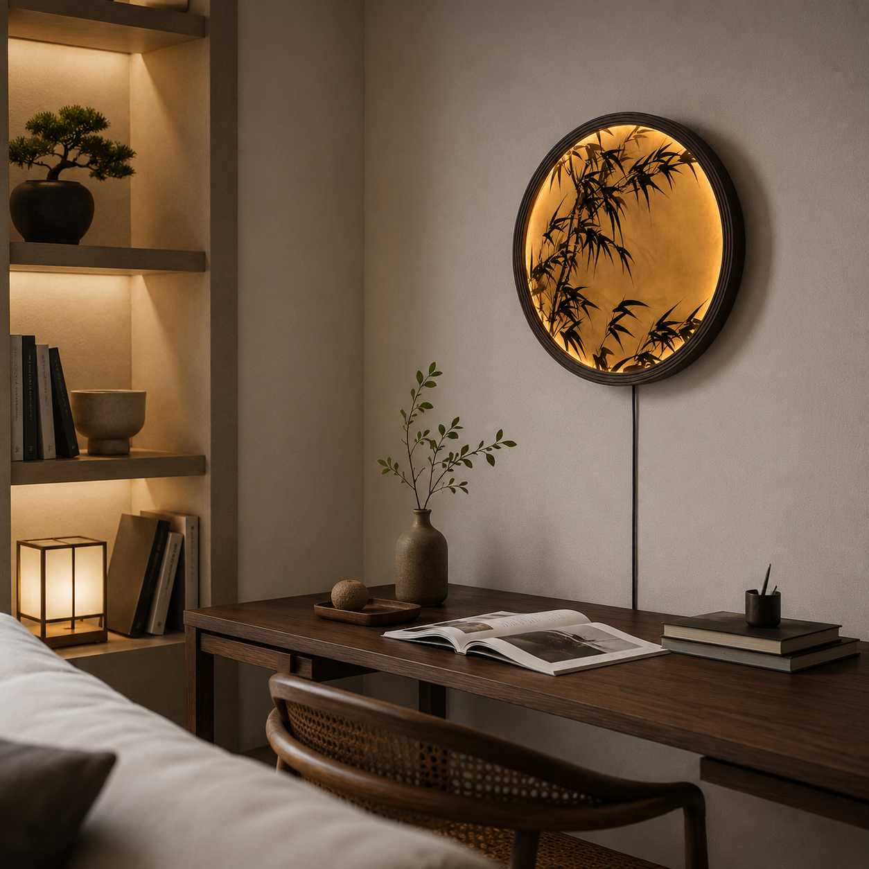 Round Bamboo LED Wall Art – Japanese Zen Illuminated Wall Decor with Warm Light, Modern Asian Home Decor