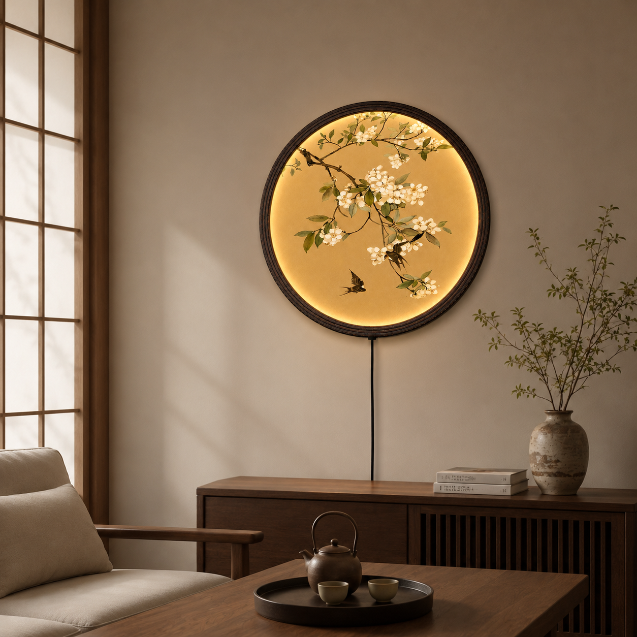 Japanese Cherry Blossom LED Wall Art – Round Lighted Wall Decor for Living Room