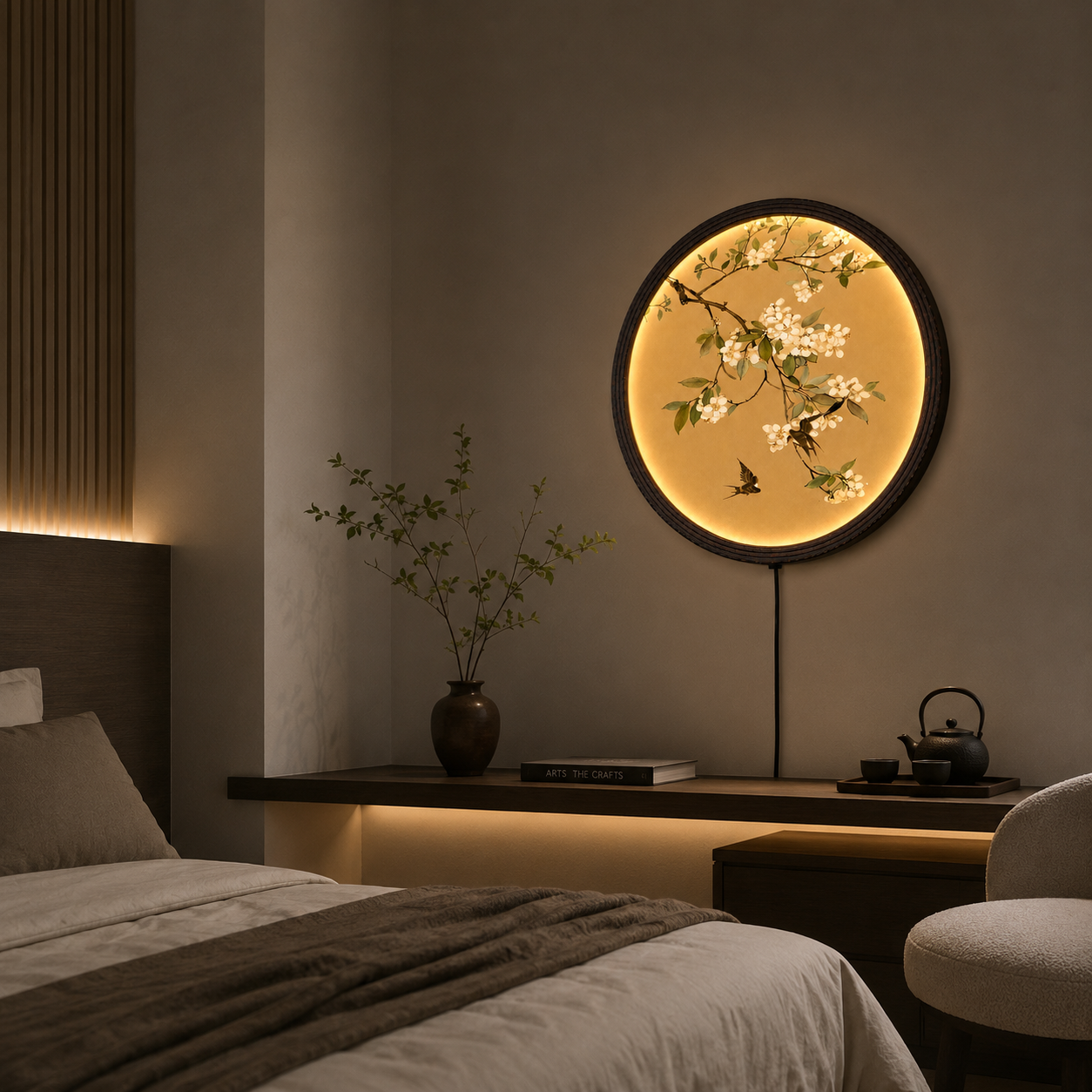 Japanese Cherry Blossom LED Wall Art – Round Lighted Wall Decor for Living Room