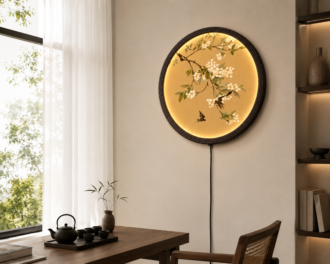 Japanese Cherry Blossom LED Wall Art – Round Lighted Wall Decor for Living Room