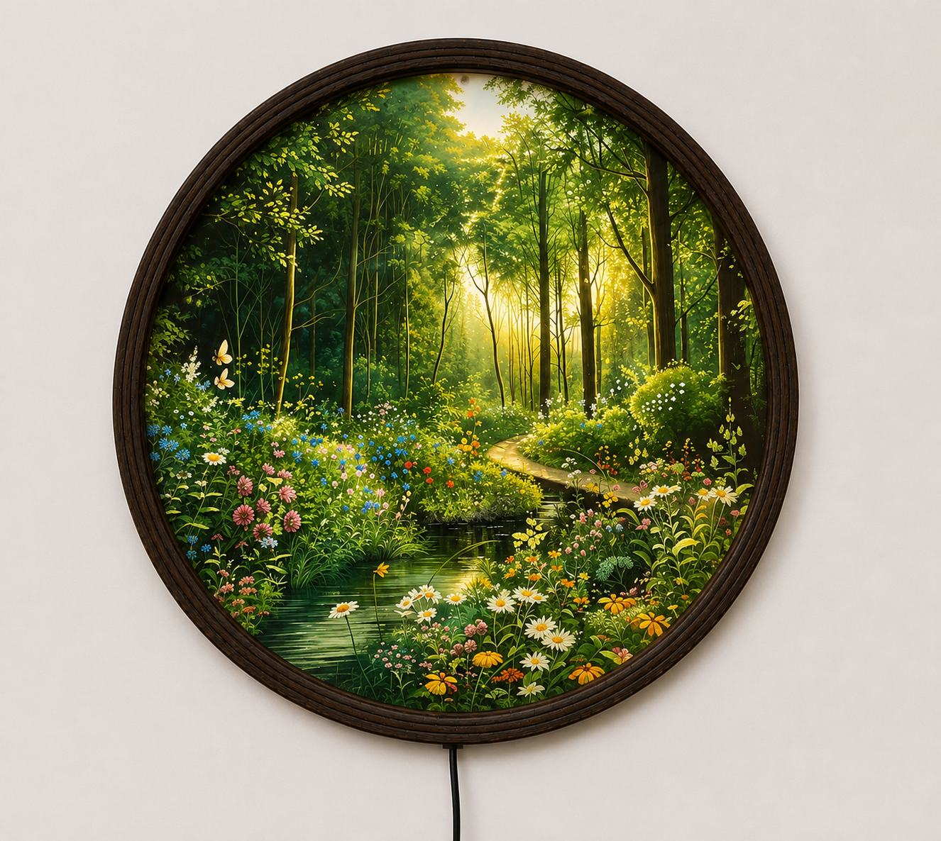 Enchanted Forest LED Round Wall Art with Wildflowers – Illuminated Nature Wall Decor, Modern Home Decor, Woodland Landscape Lighted Wall Hanging