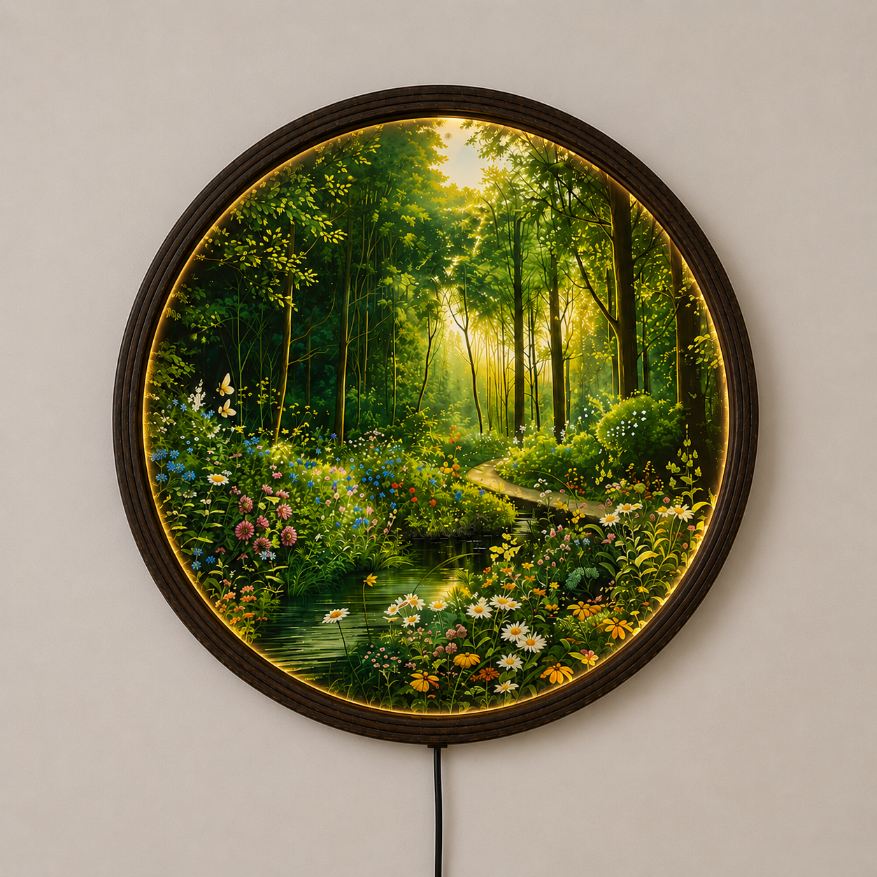 Enchanted Forest LED Round Wall Art with Wildflowers – Illuminated Nature Wall Decor, Modern Home Decor, Woodland Landscape Lighted Wall Hanging