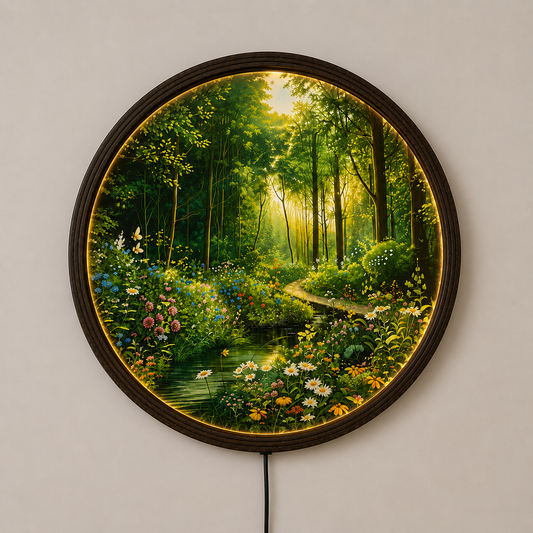 Enchanted Forest LED Round Wall Art with Wildflowers – Illuminated Nature Wall Decor, Modern Home Decor, Woodland Landscape Lighted Wall Hanging