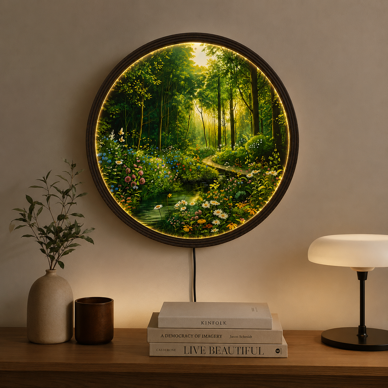 Enchanted Forest LED Round Wall Art with Wildflowers – Illuminated Nature Wall Decor, Modern Home Decor, Woodland Landscape Lighted Wall Hanging