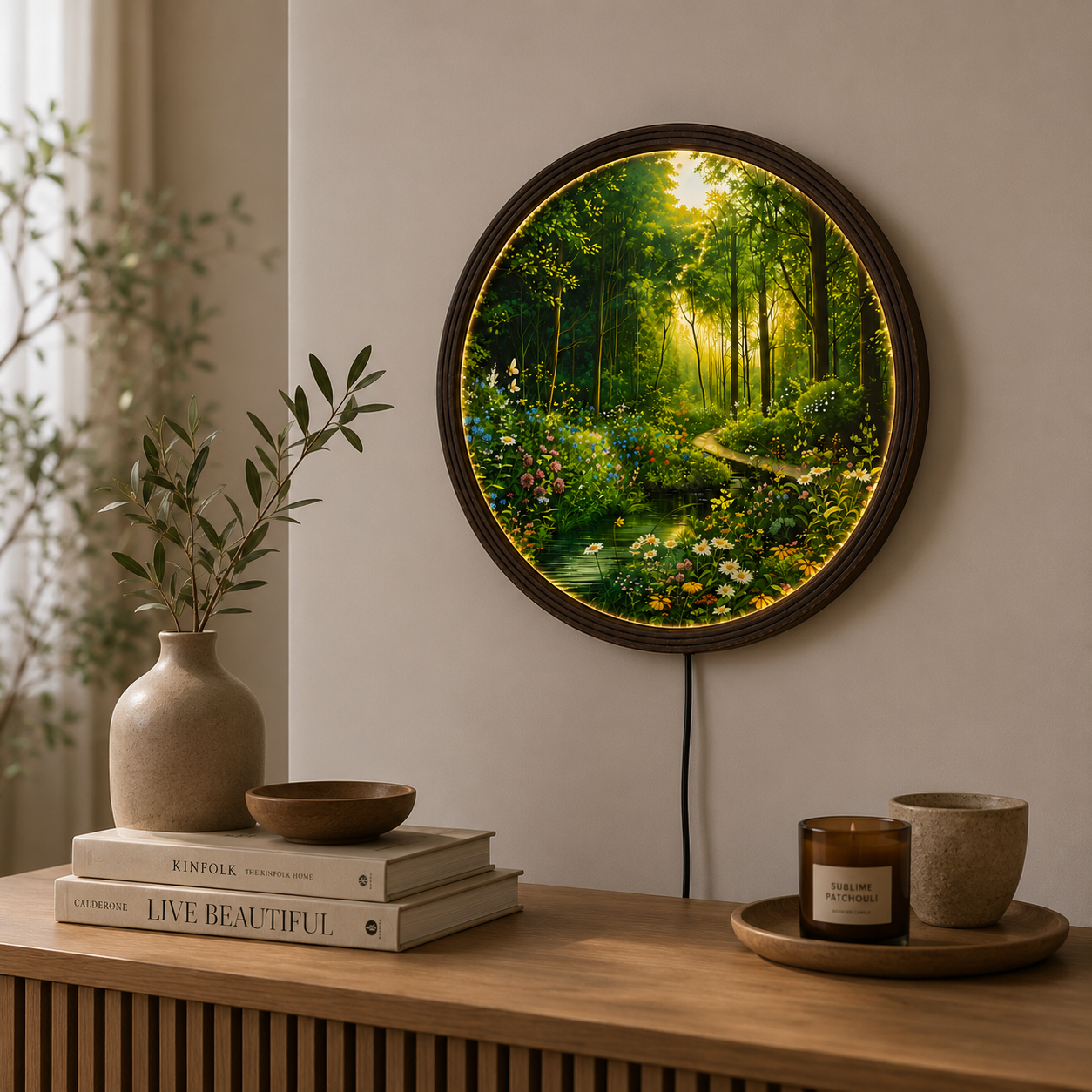 Enchanted Forest LED Round Wall Art with Wildflowers – Illuminated Nature Wall Decor, Modern Home Decor, Woodland Landscape Lighted Wall Hanging