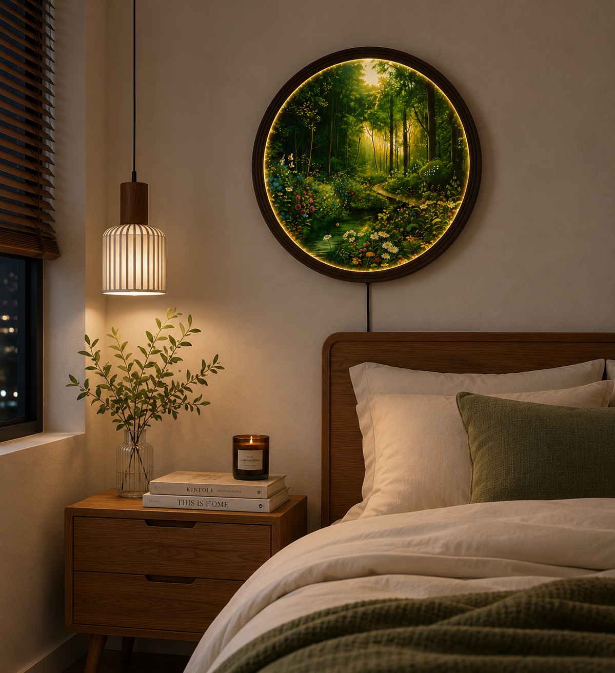 Enchanted Forest LED Round Wall Art with Wildflowers – Illuminated Nature Wall Decor, Modern Home Decor, Woodland Landscape Lighted Wall Hanging