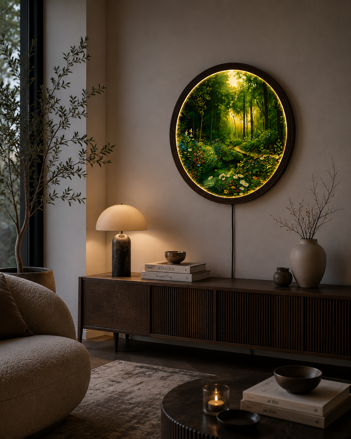 Enchanted Forest LED Round Wall Art with Wildflowers – Illuminated Nature Wall Decor, Modern Home Decor, Woodland Landscape Lighted Wall Hanging