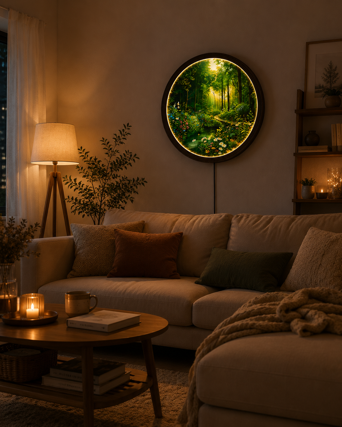 Enchanted Forest LED Round Wall Art with Wildflowers – Illuminated Nature Wall Decor, Modern Home Decor, Woodland Landscape Lighted Wall Hanging