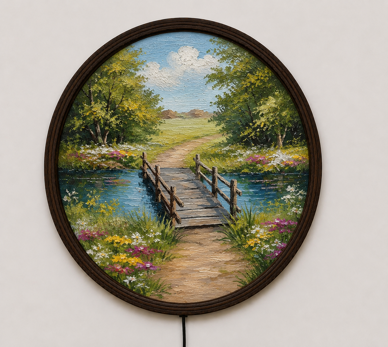 LED Lighted Round Landscape Wall Art – Rustic Wooden Bridge Nature Decor