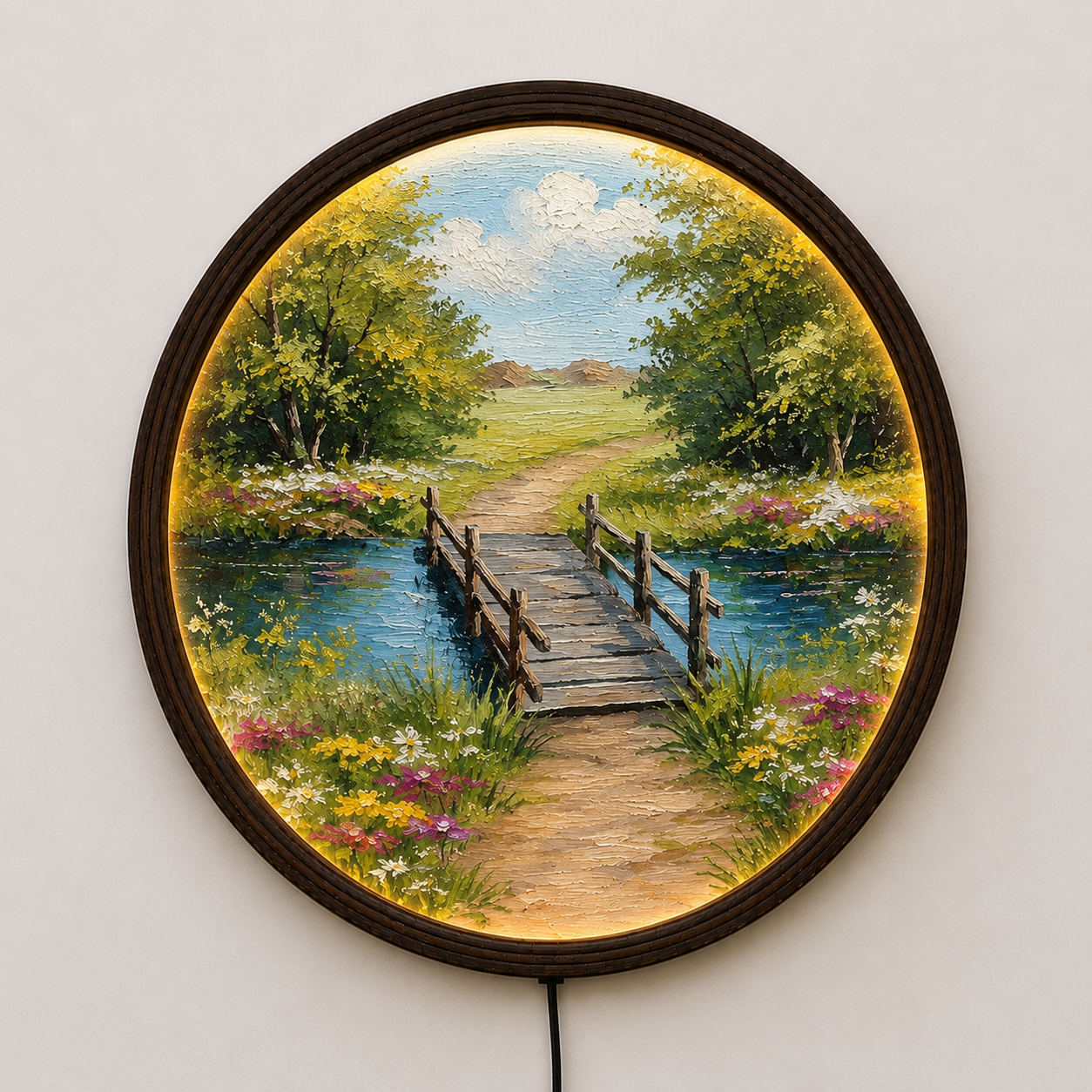 LED Lighted Round Landscape Wall Art – Rustic Wooden Bridge Nature Decor
