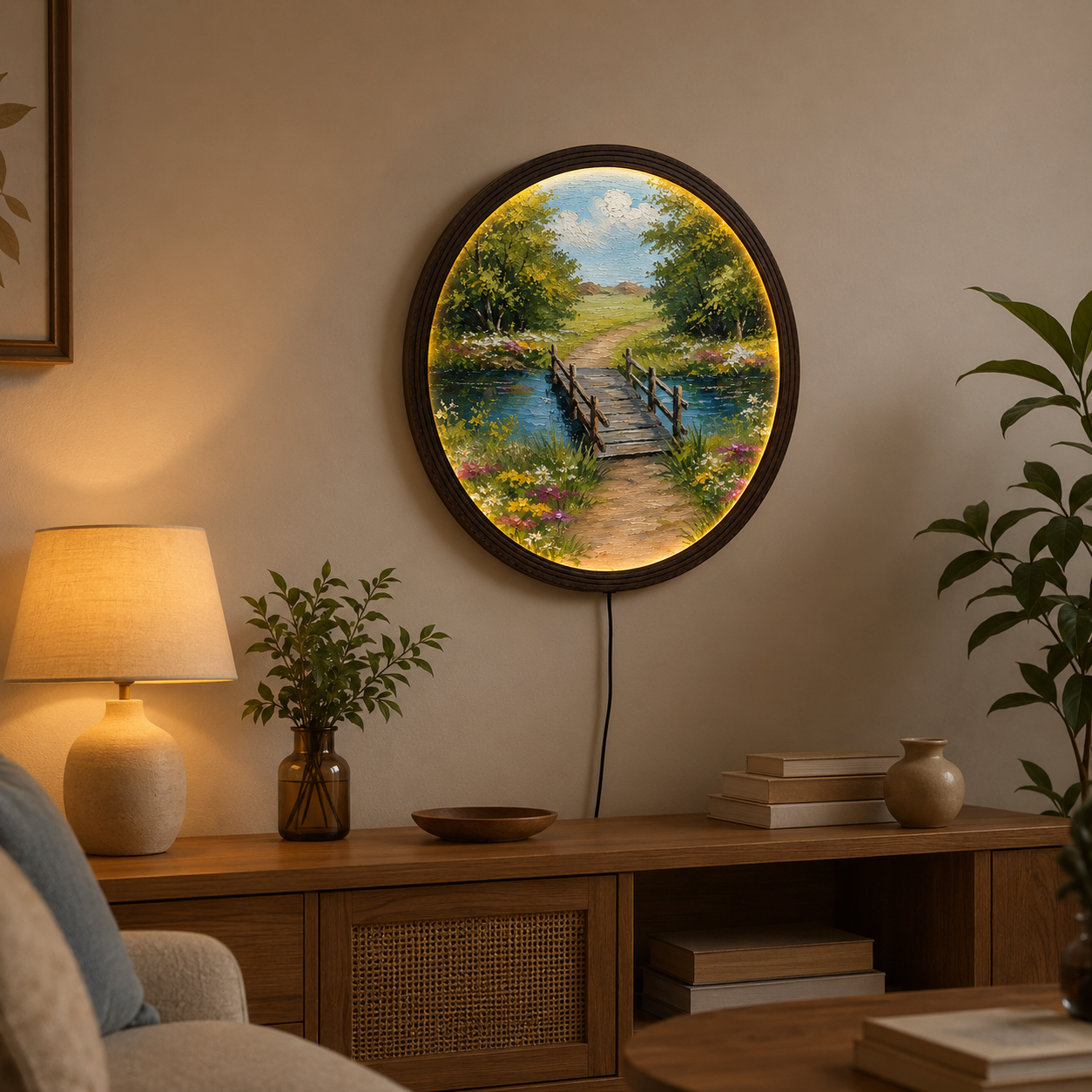 LED Lighted Round Landscape Wall Art – Rustic Wooden Bridge Nature Decor