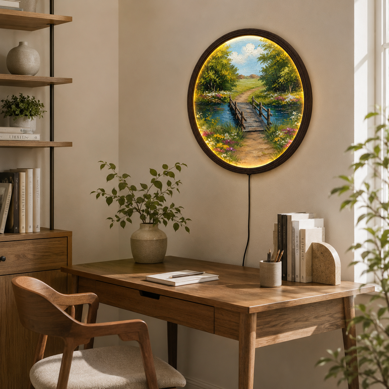 LED Lighted Round Landscape Wall Art – Rustic Wooden Bridge Nature Decor