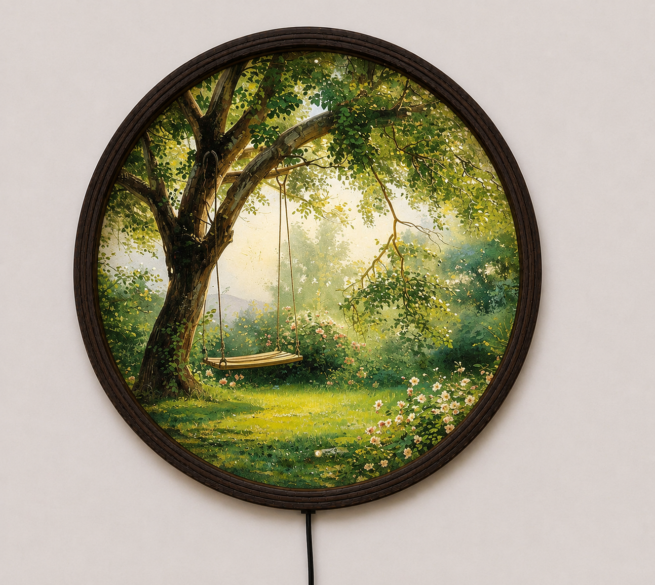 LED Tree Swing Round Wall Art – Nature Landscape Lighted Wall Decor, Modern Wooden Frame Hanging Art for Living Room & Bedroom