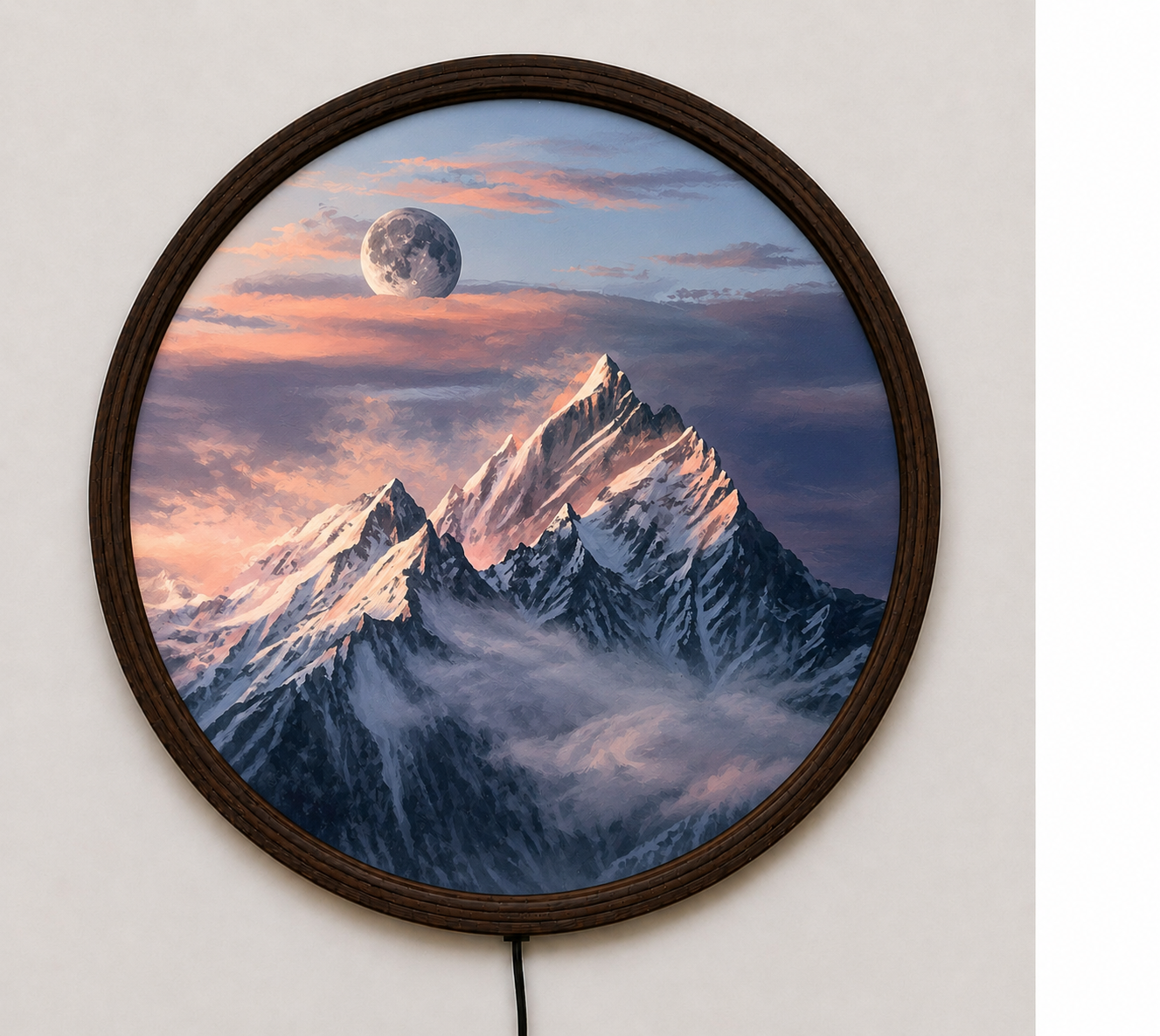 Moonlit Snow Mountain LED Wall Art – Round Backlit Mountain Landscape Decor with Warm Ambient Light