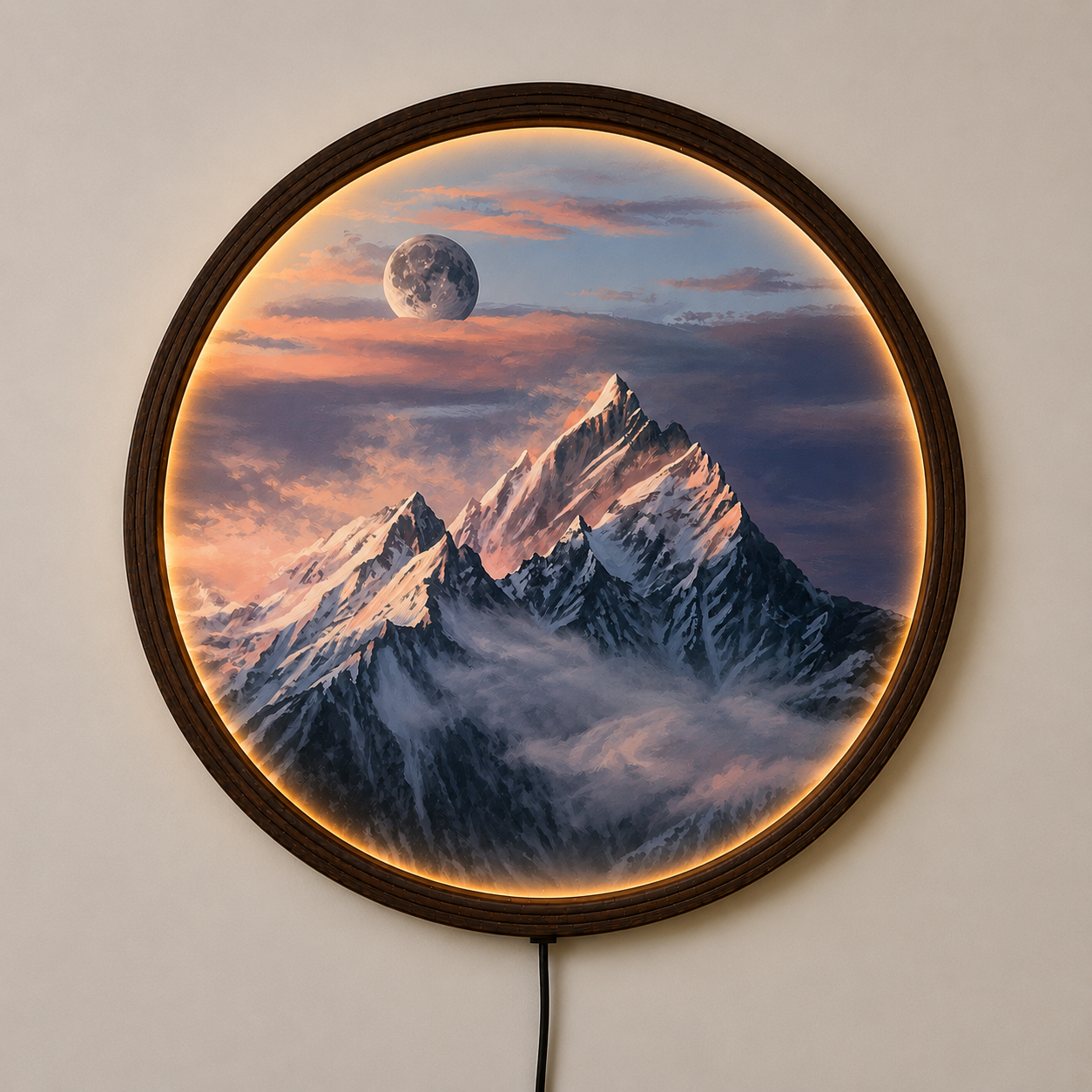 Moonlit Snow Mountain LED Wall Art – Round Backlit Mountain Landscape Decor with Warm Ambient Light