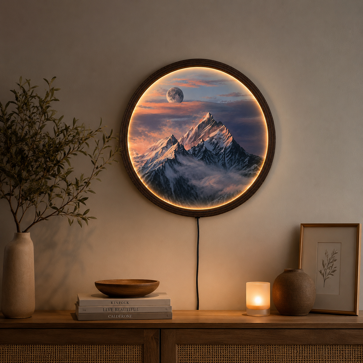 Moonlit Snow Mountain LED Wall Art – Round Backlit Mountain Landscape Decor with Warm Ambient Light