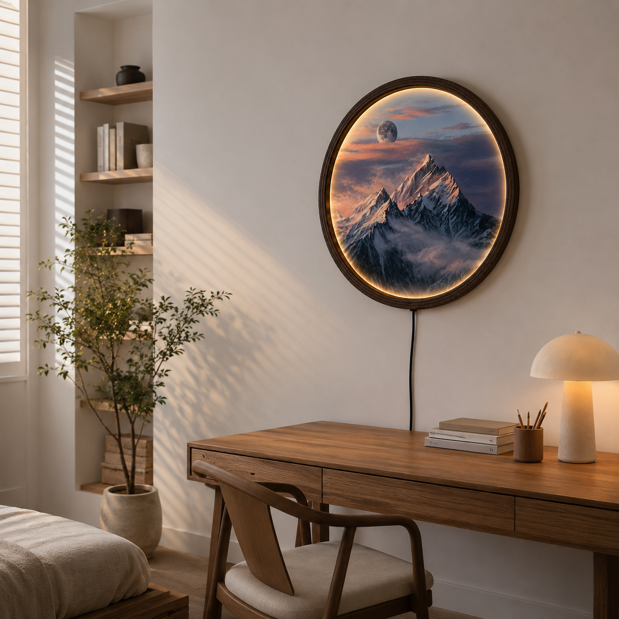 Moonlit Snow Mountain LED Wall Art – Round Backlit Mountain Landscape Decor with Warm Ambient Light